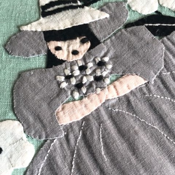 Vintage Hand Applique Tablecloth & 4 Napkins Green & Grey 40s Southern Belle - Picture 10 of 13